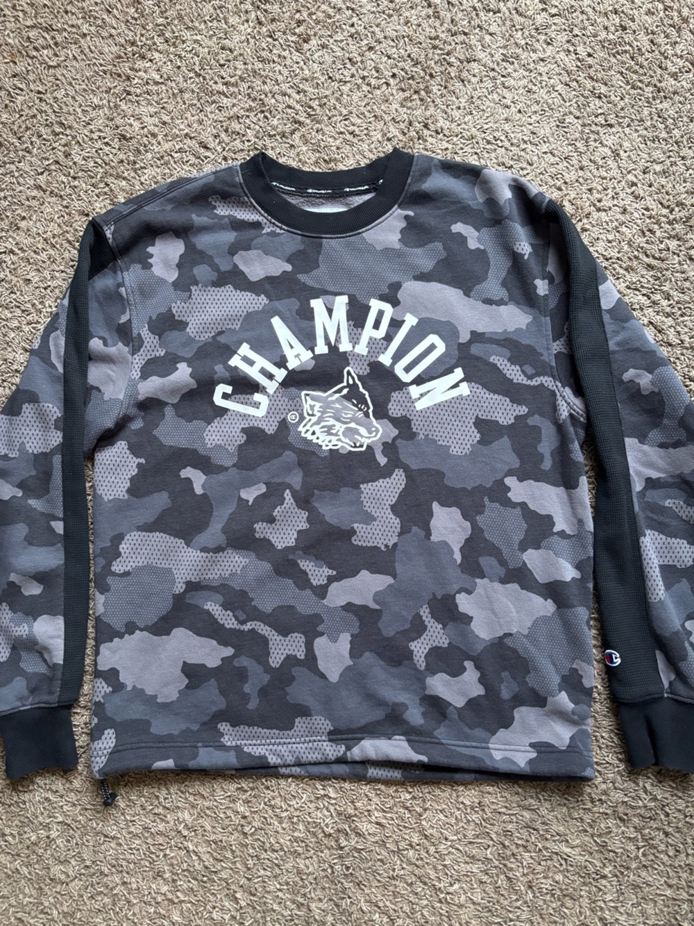 Champion Men's Gray Camo Crewneck Sweater with Logo